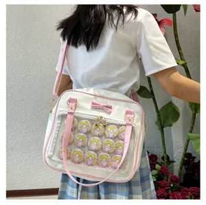 Cute bow medium ita bag clear window white pink shoulder bag for pins badges and anime fans