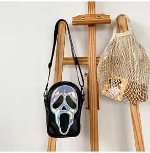 Sac bandoulière noir avec design de masque de fantôme holographique, sac tendance quotidien.