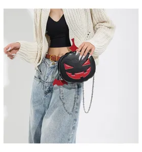 Halloween funny pumpkin crossbody bag detail, black and red contrast color leather shoulder purse.