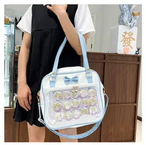 Cute white and blue ita bag with bow and clear PVC window for anime badges and uniform use