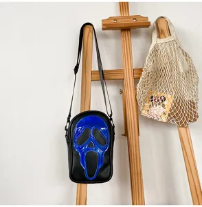 Sac bandoulière noir pour hommes et femmes avec un design de masque de fantôme laser bleu.