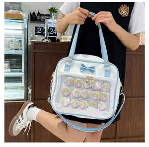 Cute bow ita bag clear window shoulder bag with anime character badges for women uniform daily use
