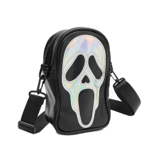 Sac bandoulière noir avec design de visage de fantôme holographique, sac tendance.