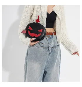 Halloween pumpkin crossbody bag, cute black and red PU leather shoulder bag for women.