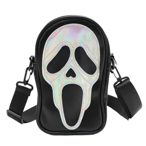 Sac bandoulière noir holographique visage de fantôme Scream, sac en cuir PU tendance pour femme.