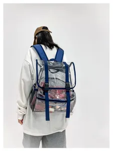 Clear PVC backpack detail view, transparent daypack with blue straps, stylish casual daily use.