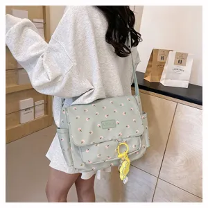 Japanese style floral messenger bag large capacity student canvas crossbody bag green