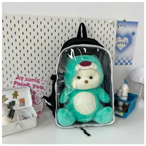 Japanese style transparent ita backpack with cute dinosaur plush doll for 40cm cotton dolls.