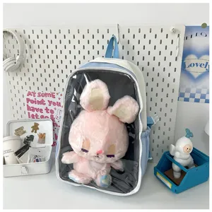 Cute transparent backpack itabag for dolls, clear front pocket, sweet pink plush rabbit bag detail.