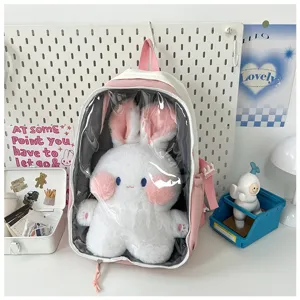 Japanese style sweet pink clear window backpack itabag student school bag with plush bunny doll