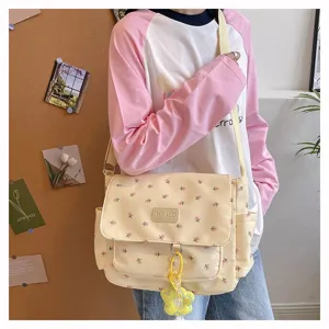 Canvas messenger bag floral crossbody bag for women casual shoulder bag large capacity aesthetic cute