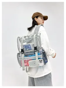 Clear PVC backpack for women stylish transparent travel school bag with front pocket