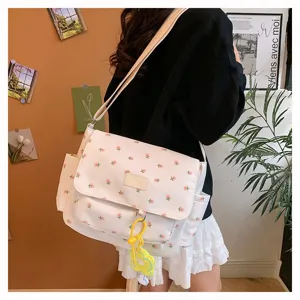Japanese style floral canvas messenger bag large capacity crossbody bag for student use