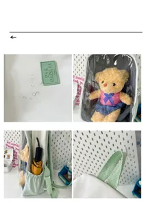 Close-up details of Japanese ita backpack with clear window, waterproof fabric and doll pocket.