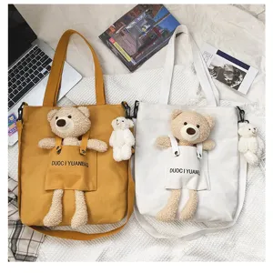 Bonito bolso tote de lona para mujer con osito de peluche, estilo japonés muy kawaii.