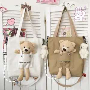 Bolso Bandolera de Lona con Muñeco de Oso Kawaii Lindo Bolso Tote Casual Bolso de Hombro Dulce Estudiante con Colgante de Dibujos Animados para Mujeres