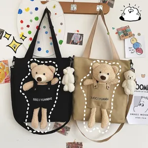 Bolso tote de lona lindo con bolsillo de peluche 3D de oso, bolso de hombro para estudiantes.