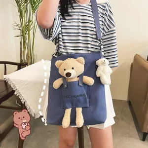 Bolso bandolera de lona con osito de peluche lindo para mujeres, bolso diario elegante.