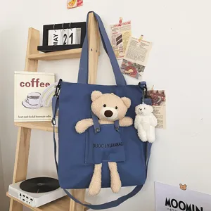 Bolso tote de lona azul con lindo oso de peluche, bolso bandolera casual para uso diario.