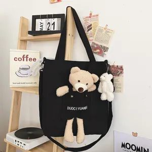 Bonito bolso de lona con osito de peluche, bolso cruzado estilo japonés para estudiantes.