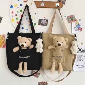 Bolso bandolera de lona estilo japonés con muñeco de osito de peluche, bolso casual bonito.