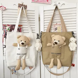 Bolso tote de lona con osito de peluche y colgante, estilo japonés bolso cruzado de estudiante.