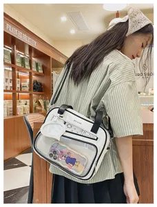Borsa ita casual in stile giapponese con finestra trasparente, ideale per studenti.