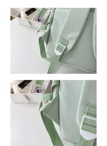 Detailed view of the light green casual backpack straps and white adjustable buckles.