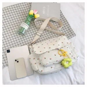 Floral canvas messenger bag casual student crossbody bag vintage shoulder bag aesthetic