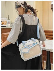 Borsa ita in stile giapponese da donna, borsa a tracolla bianca e blu con finestra trasparente.