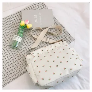 Floral canvas messenger bag, Japanese ins style student crossbody bag with large capacity.