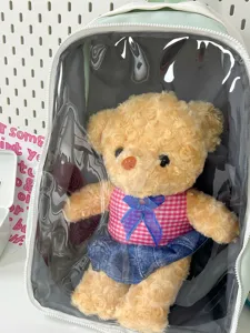 Clear ita backpack for plush dolls, transparent window school bag for anime fans and kawaii fashion.