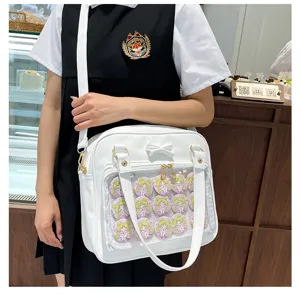 White ita bag with bow and clear window for pins, medium shoulder bag for daily use.