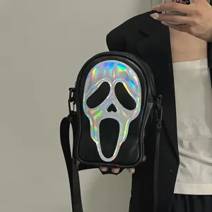 Sac Bandoulière Homme Femme Harajuku Streetwear en Cuir PU Avec Fantôme Holographique Crâne Sacoche Téléphone Drôle