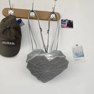 Silver heart spiderweb backpack Y2K alternative cool style multi-function PU leather bag.
