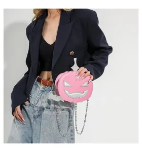 Halloween pink pumpkin novelty crossbody bag with silver chain stylish unique shoulder bag