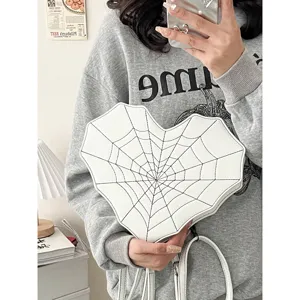 White heart-shaped spiderweb crossbody bag, cool alt style PU leather shoulder bag for women