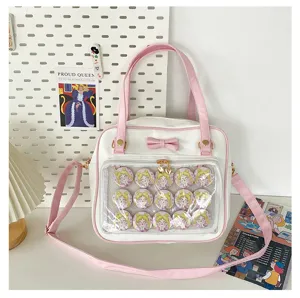 Cute bow Ita bag medium white pink transparent shoulder bag with anime badges for daily use
