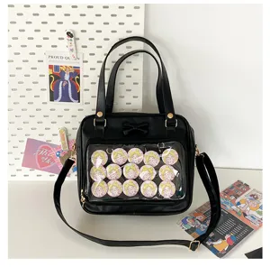 Black PU leather ita bag with clear window and bow, perfect for anime pins collection.