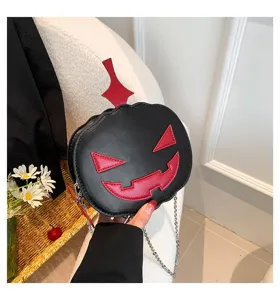 Halloween quirky pumpkin crossbody bag with metallic chain, trendy black and red design for women