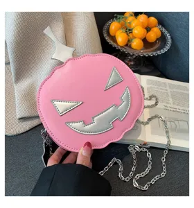 Pink Halloween pumpkin crossbody bag with silver chain stylish cute holiday shoulder bag