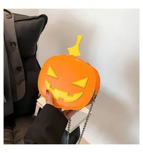 Halloween pumpkin crossbody bag, stylish color block PU leather shoulder bag for women.