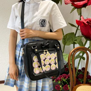 Cute bow medium ita bag clear front window black shoulder bag for anime pins and plushies.