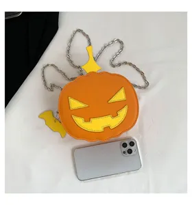 Halloween pumpkin crossbody bag stylish color-blocking chain shoulder bag for women.