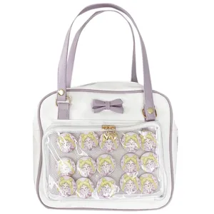Cute white purple ita bag with bow and anime badges for women daily fashion use main view