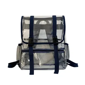 Clear PVC backpack with blue straps, transparent school travel bag for women and girls daily use.