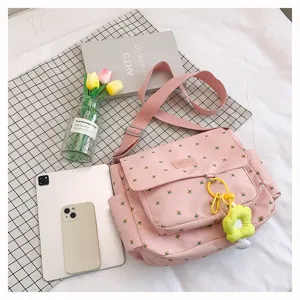 Pink floral canvas messenger bag casual crossbody bag with cute floral print for students