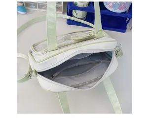 Dettaglio borsa Ita bianco verde, borsa a tracolla studentesca in pelle PU con finestra.