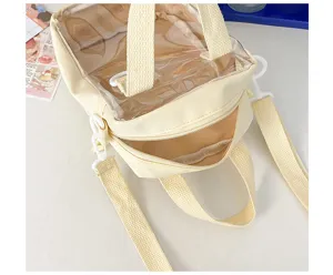 Clear PVC window ita bag detail, canvas doll display shoulder bag for anime fans and kawaii fashion.