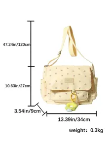Floral messenger bag detail showing dimensions, size, and strap length for daily student use.